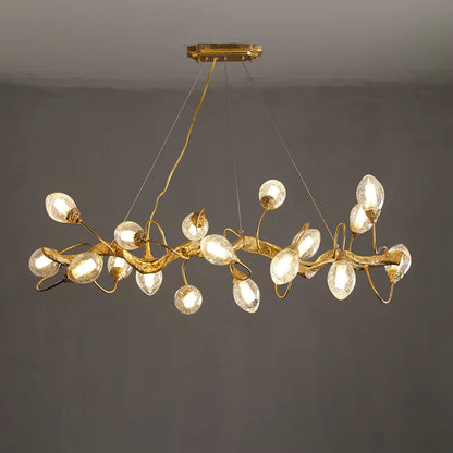 Brass and crystal ball branch chandelier with fruit-shaped crystal spheres and G9 light bulbs in golden brown finish