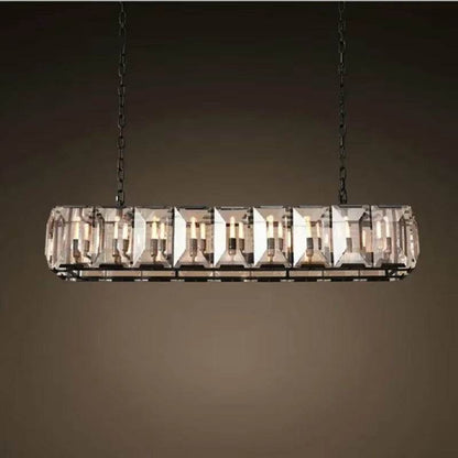 Farmhouse crystal rectangular chandelier with gold, chrome, and black metal frame and E12 candelabra bulbs