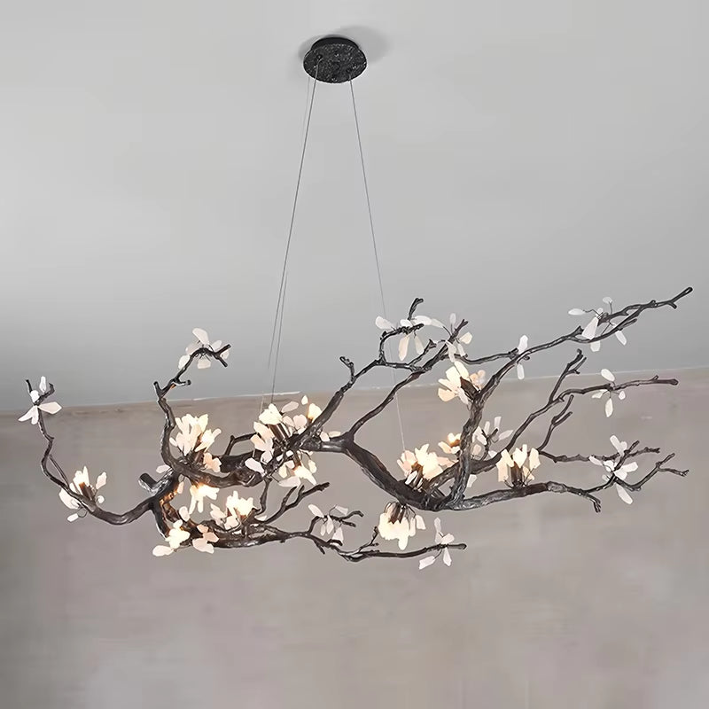 All-Copper Creative LED branch chandelier with warm and cool white lights, handmade copper and stone pendant light for living room and lobby