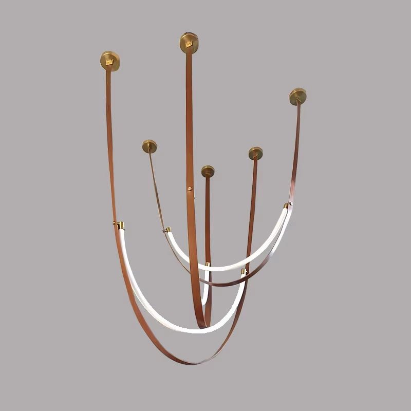 Modern DIY Belt LED Chandelier with curved LED light strips suspended by brown leather belts