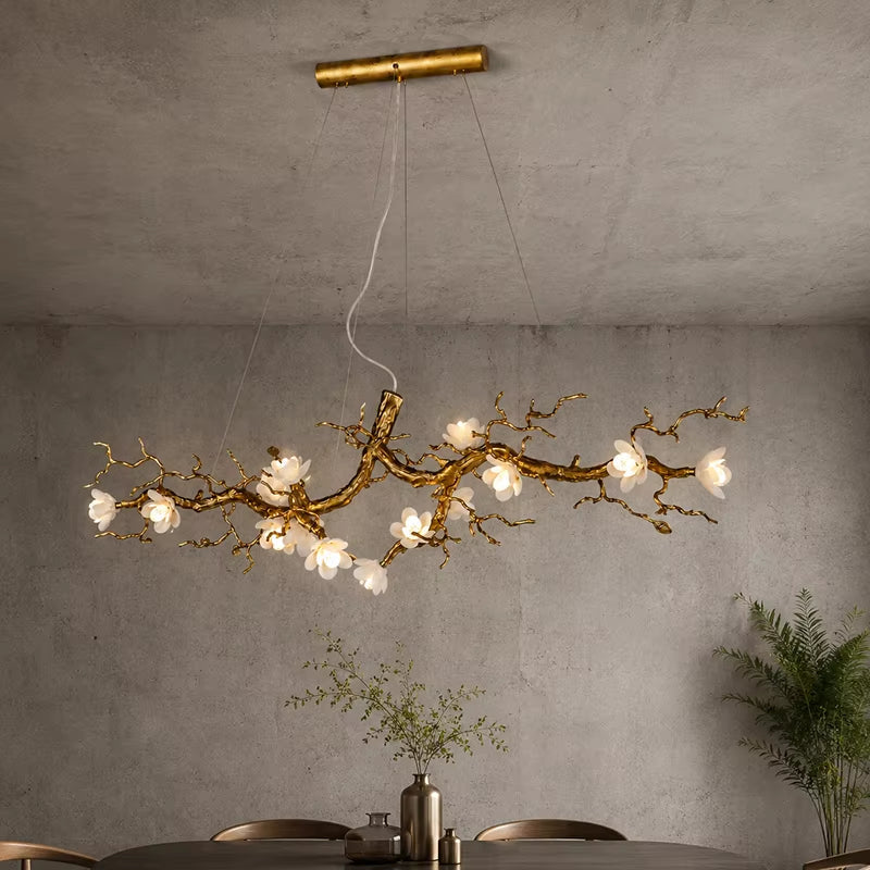 Magnolia Brass Branch Chandelier with copper and ceramic petals in antique gold finish