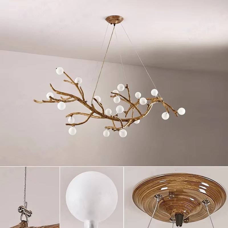 Modern tree branch chandelier with 42 frosted glass lights, resin and metal construction, adjustable hanging wire, suitable for 15-70 m² spaces