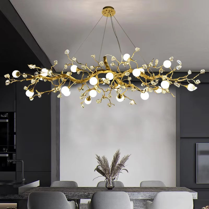 Glass globe floral pendant light with crystal chandelier and golden-brown finish