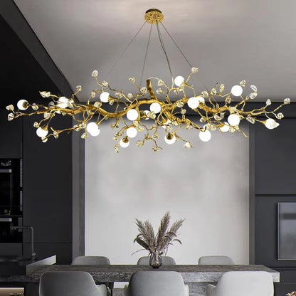 Glass globe floral pendant light with crystal chandelier and golden-brown finish