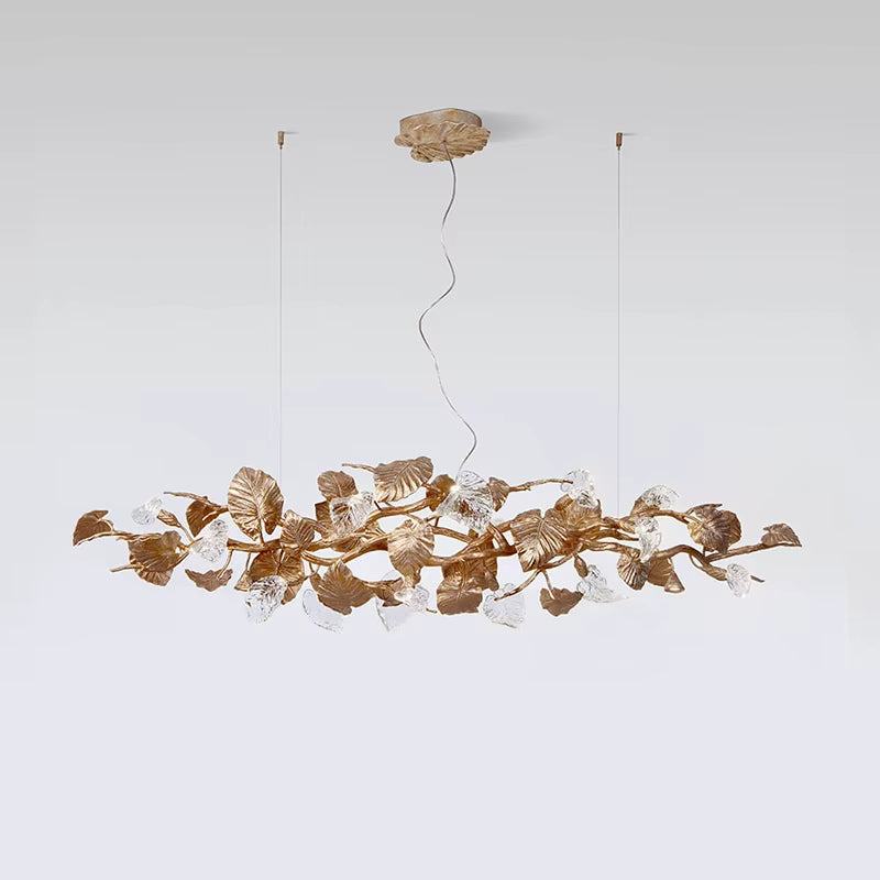Modern brass glass leaf chandelier with LED bulbs and customizable hanging wire