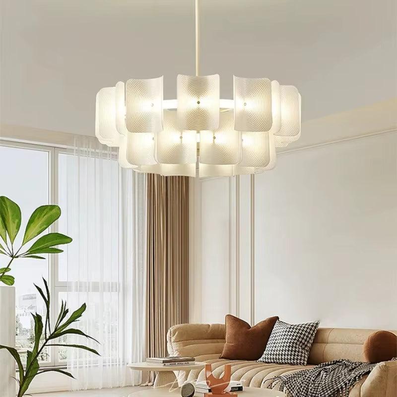 Modern simple white acrylic lamp with LED bulbs hanging in living room