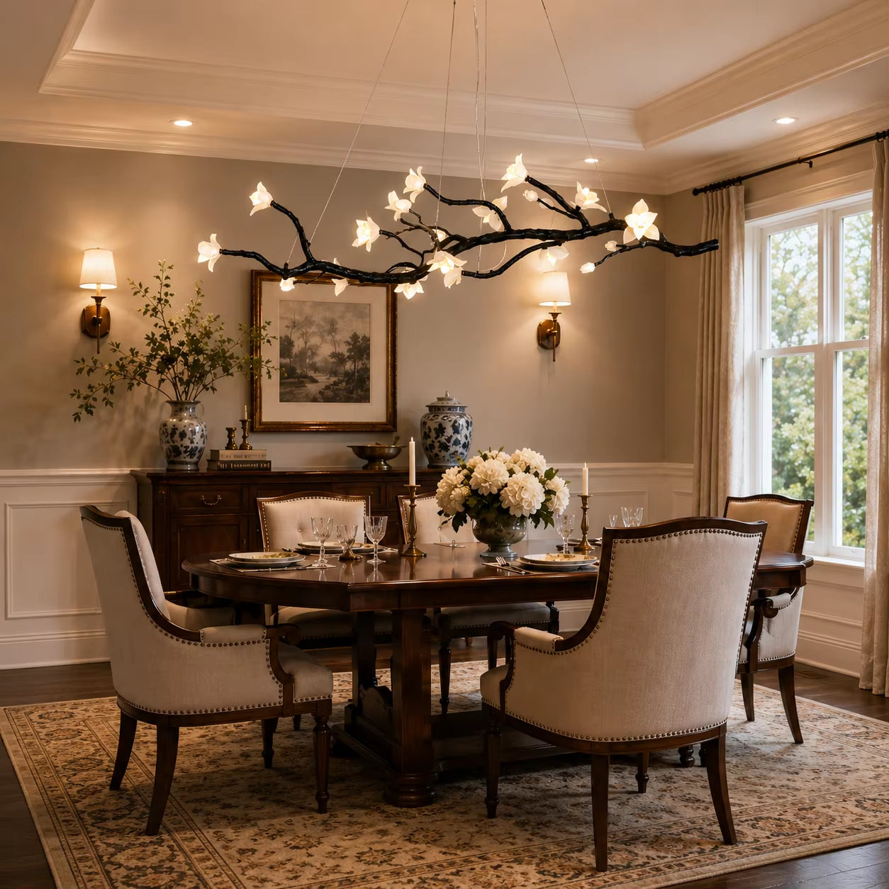 Brass and ceramic floral chandelier with golden-brown finish and warm light for modern interiors