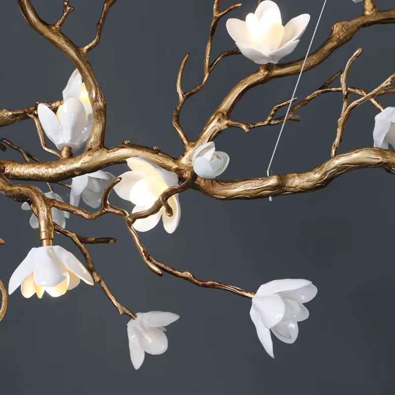 Italian ceramic and all-copper branch-style lamp with ceramic flowers in golden brown finish