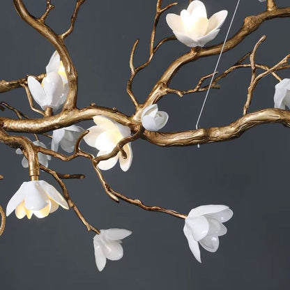 Italian ceramic and all-copper branch-style lamp with ceramic flowers in golden brown finish