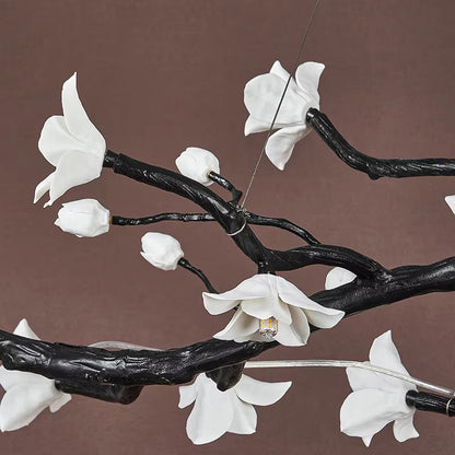 Brass and ceramic floral chandelier with golden-brown finish and warm and cool lighting options