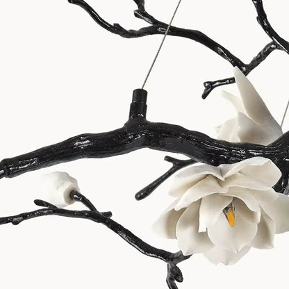 All-Copper Magnolia Pendant Light with copper and ceramic flowers, modern minimalist design, dimmable LED, warm and cool light options.