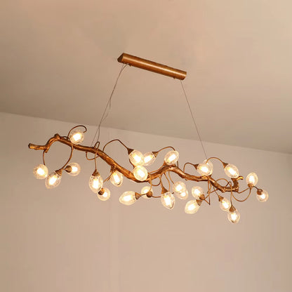Brass and crystal ball branch chandelier with fruit-shaped crystal spheres and G9 light sources in golden brown finish