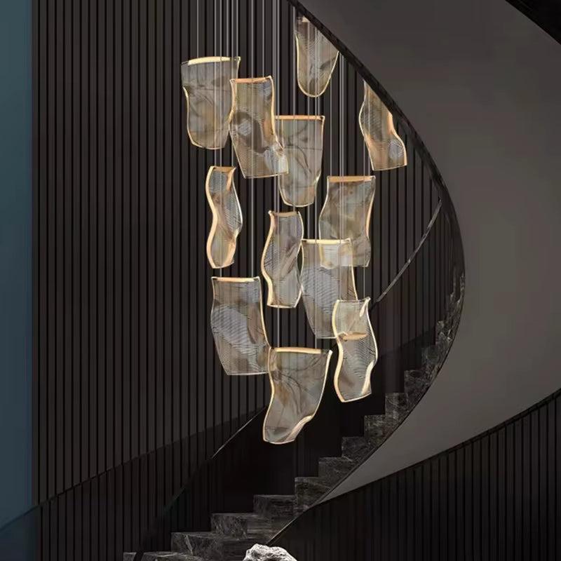 Light Guide LED modern pendant light with aluminum and acrylic design hanging on spiral staircase