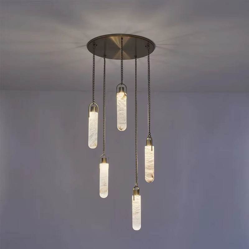 Modern Spanish marble chain chandelier pendant light with LED bulbs and wrought iron fixture