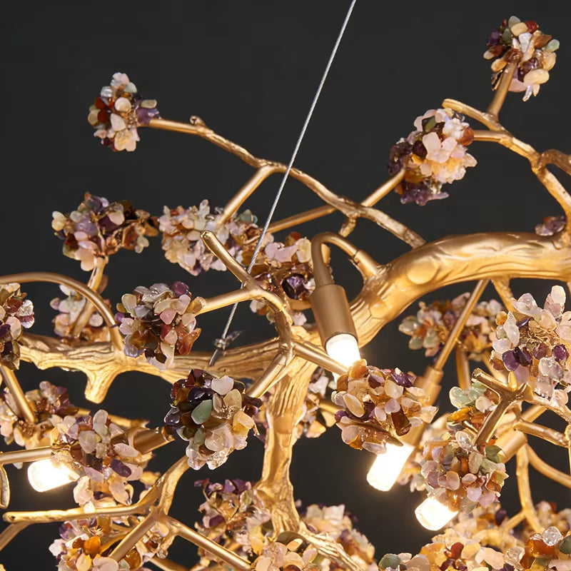 Modern natural crystal and solid brass chandelier with touch switch and dimmable lighting for living room decor