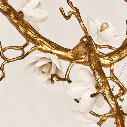 Magnolia Brass Branch Chandelier with copper and ceramic petals in antique gold finish, modern minimalist design.