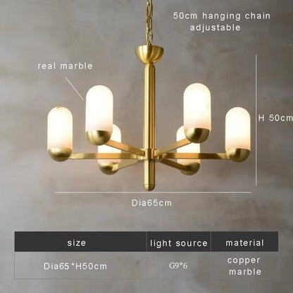 Spanish marble chandelier with six lights, real marble and brass design, adjustable 50cm hanging chain, 65cm diameter, 50cm height.