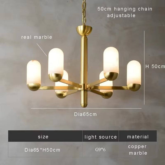 Spanish marble chandelier with six lights, real marble and brass design, adjustable 50cm hanging chain, 65cm diameter, 50cm height.
