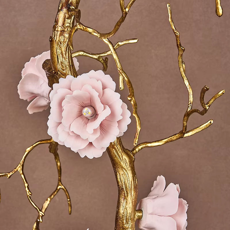 All-copper branch and ceramic flower chandelier with warm and cool light options in gold-brown finish