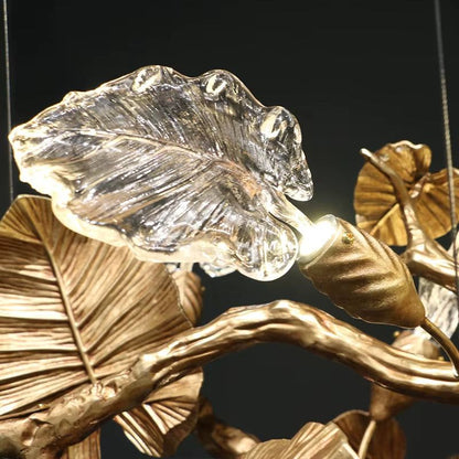 Modern Brass Glass Leaf Chandelier with LED bulbs and copper accents in warm and cold light options