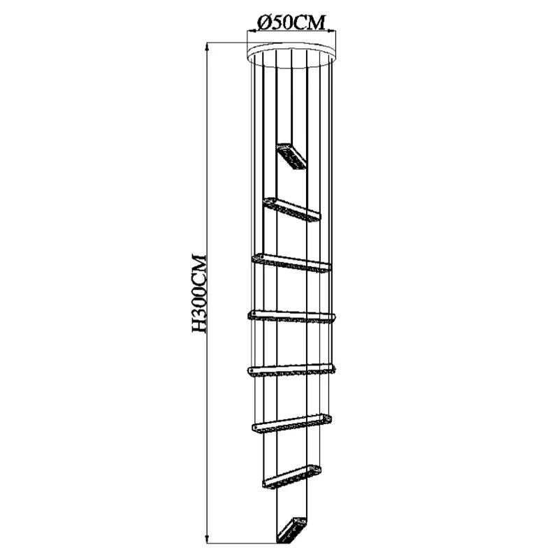 Modern spiral staircase LED chandelier with gold and glass design, dimmable RC temperature, height 300cm, diameter 50cm, suitable for living rooms and staircases