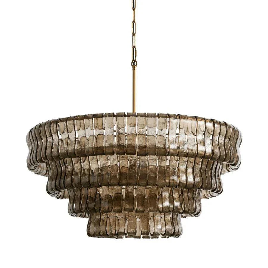 Ghiaccio Glass Round Chandelier with antique brass finish.