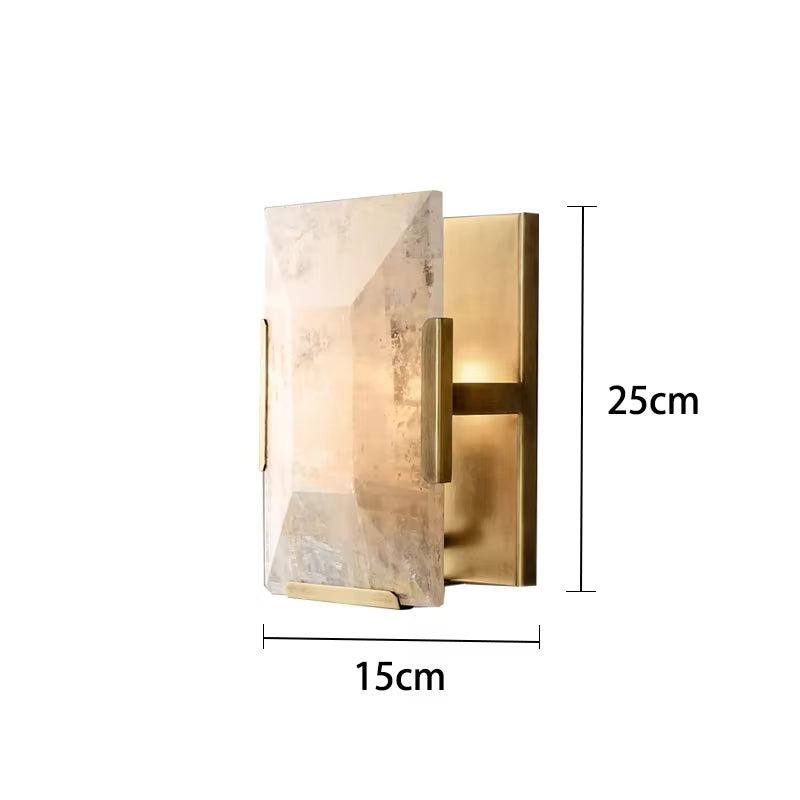 Calcite Crystal Wall Sconce with stainless steel and crystal, featuring warm and cool E14 LED bulbs, suitable for modern living spaces.