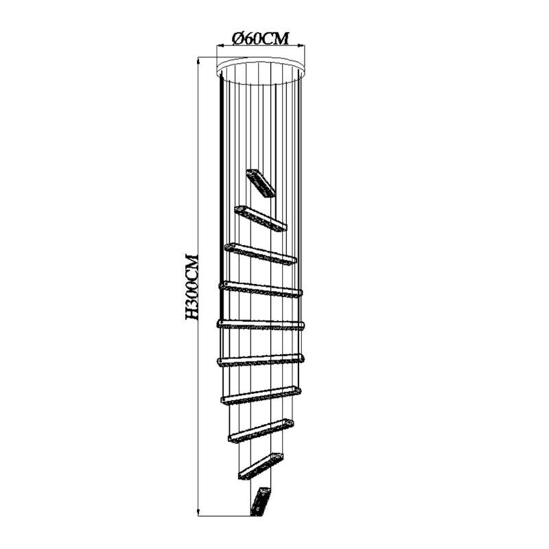 Modern spiral staircase LED chandelier with gold and glass design, dimmable LED light, 60cm diameter, 300cm height.