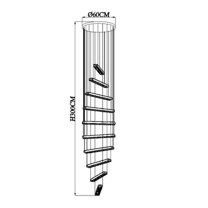 Modern spiral staircase LED chandelier with gold and glass design, dimmable LED light, 60cm diameter, 300cm height.