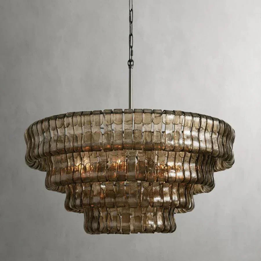 Ghiaccio Glass Round Chandelier with antique brass finish and dimmable bulbs.