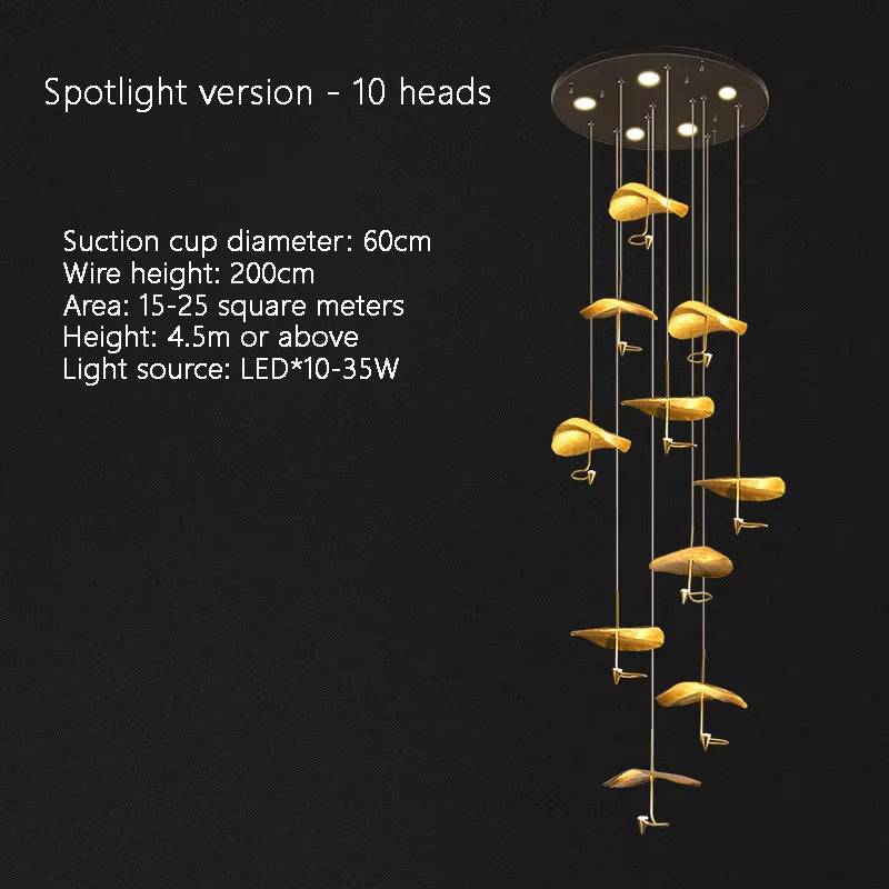 Copper gold lotus modern LED ironware chandelier with adjustable hanging wires and 10 lights