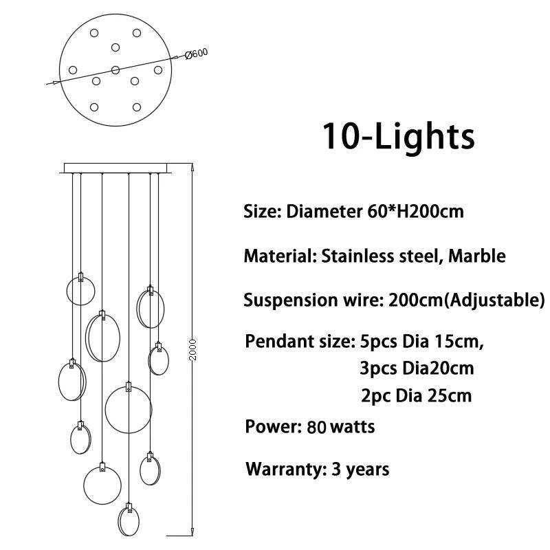 Diagram of Snowflake Plaster Chandelier with 10 lights, marble and stainless steel material, adjustable suspension wire, and 80 watts power.