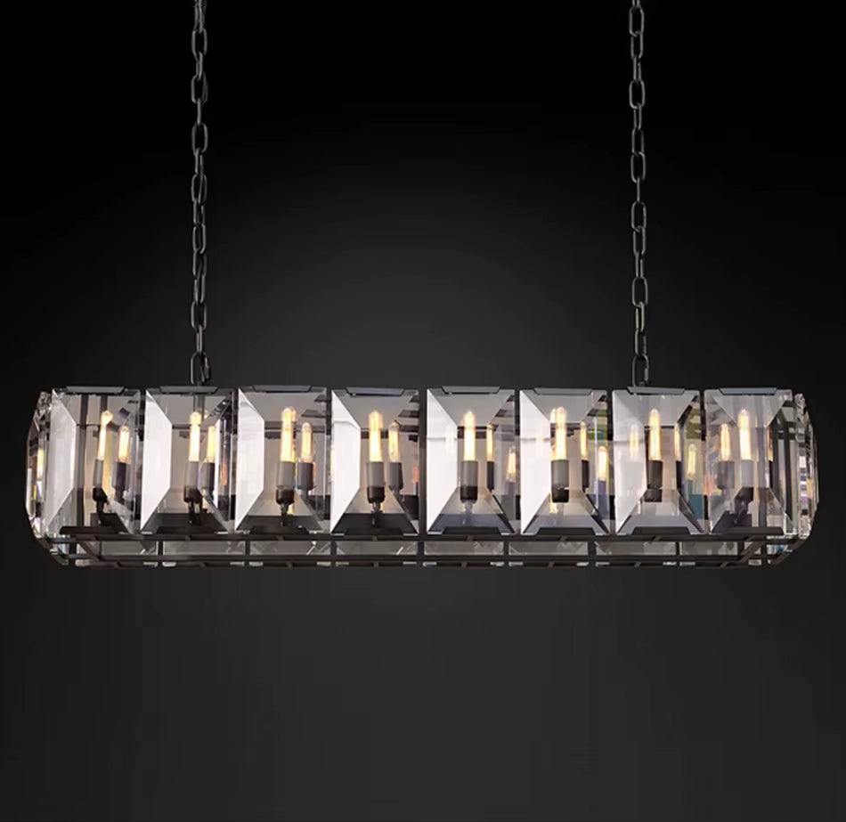 Farmhouse Crystal rectangular chandelier with metal and glass design and E12 dimmable bulbs