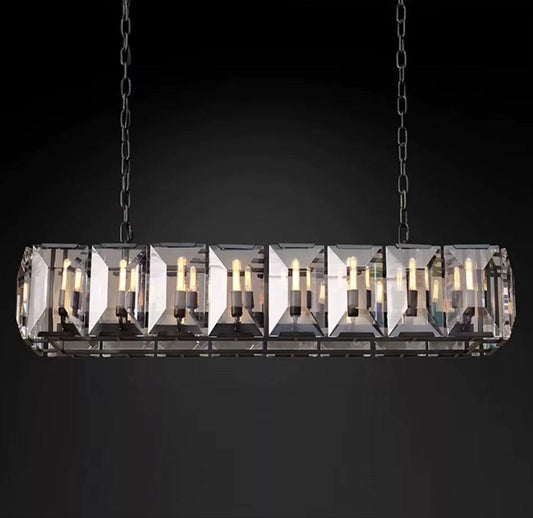 Farmhouse Crystal rectangular chandelier with metal and glass design and E12 dimmable bulbs