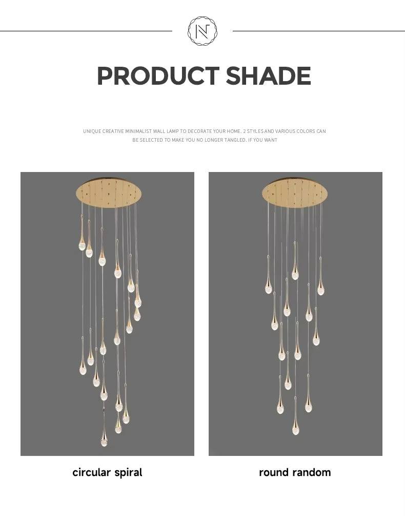 Modern long water drop chandelier with gold stainless steel and crystal, LED lights, customizable length.
