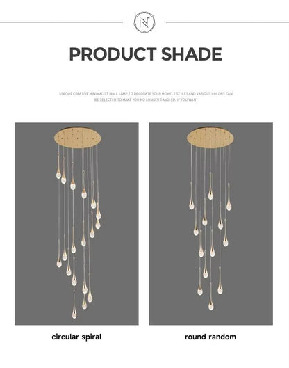 Modern long water drop chandelier with gold stainless steel and crystal, LED lights, customizable length.