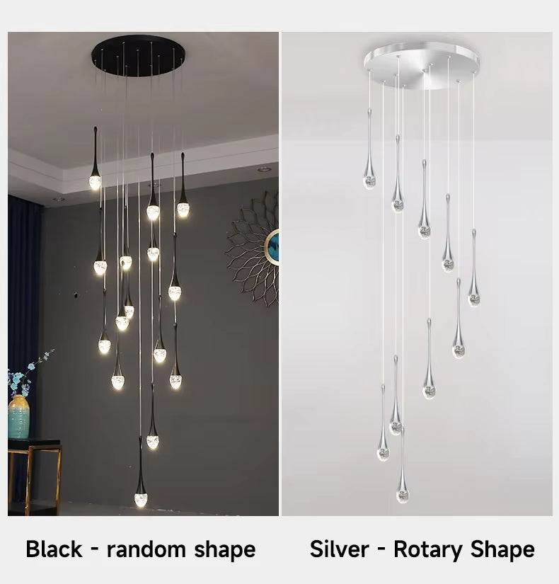 Modern long water drop chandelier with LED lights in black and silver finishes