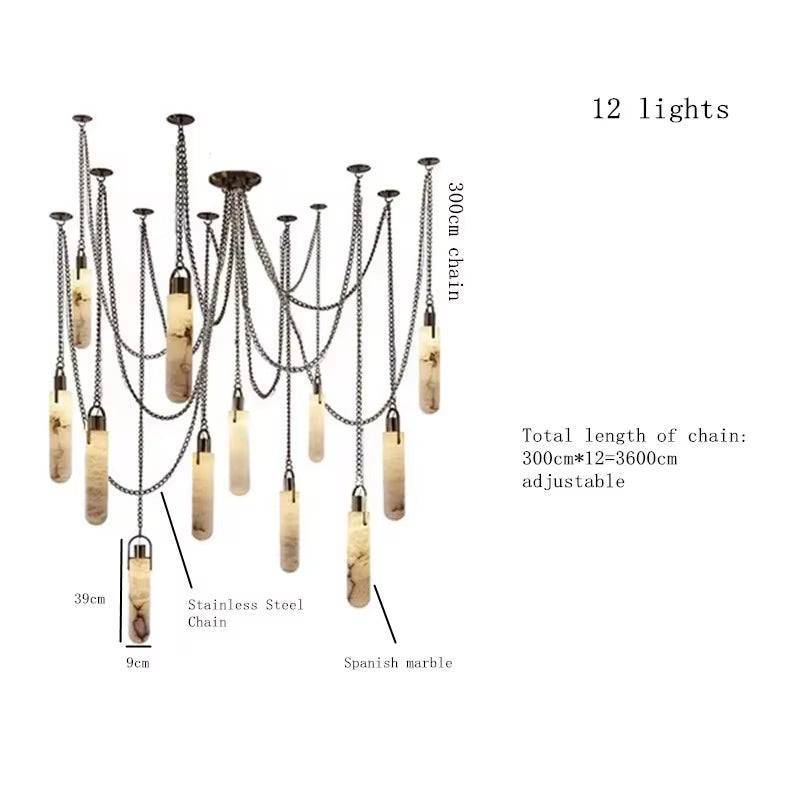 Modern Spanish marble chain chandelier with 12 LED pendant lights and wrought iron material