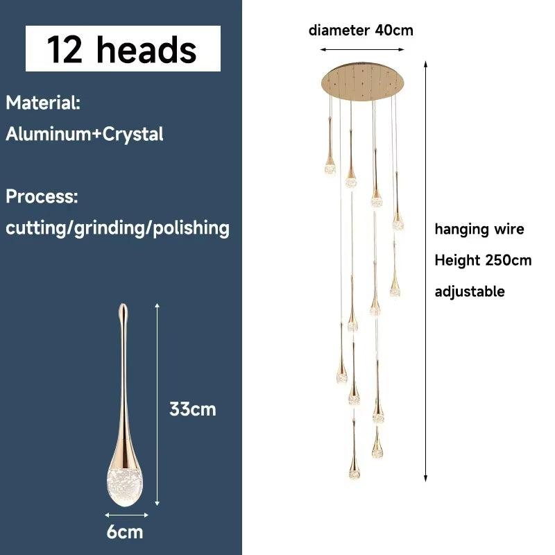 Long water drop chandelier with 12 LED lights, gold aluminum and crystal, adjustable hanging wire, 40cm diameter, 250cm height