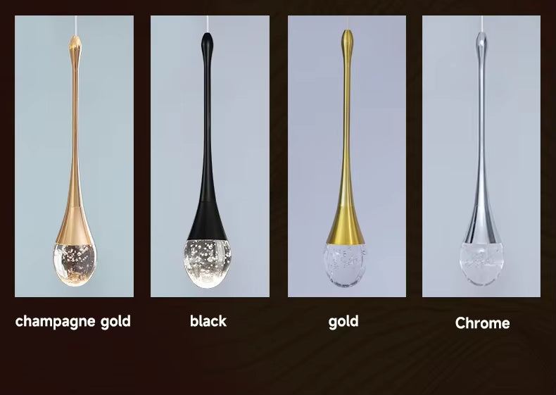 Modern long water drop chandelier in champagne gold, black, gold, and chrome finishes with LED light source.
