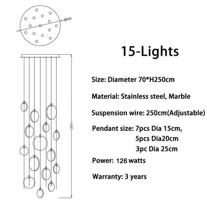 Diagram of 15-light marble chandelier with stainless steel and adjustable suspension.