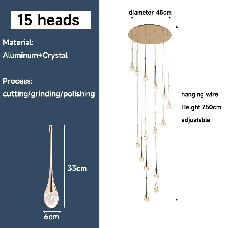Long water drop chandelier with 15 LED lights, gold aluminum and crystal, adjustable hanging wire, modern design