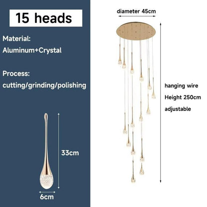 Long water drop chandelier with 15 LED lights, gold aluminum and crystal, adjustable hanging wire, modern design