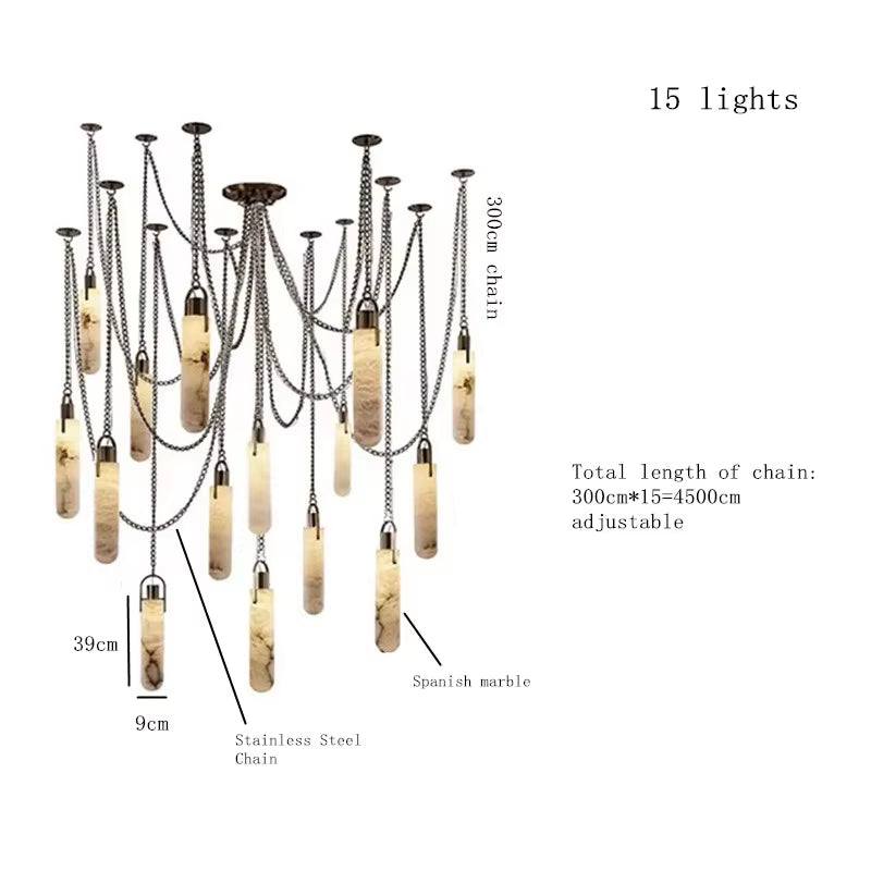 Modern Spanish marble chain chandelier with 15 LED pendant lights and wrought iron frame