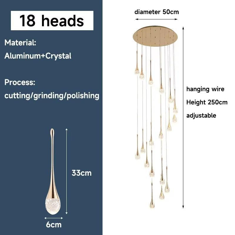 Modern long water drop chandelier with 18 gold aluminum and crystal heads, adjustable 250cm height, 50cm diameter