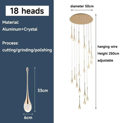 Modern long water drop chandelier with 18 gold aluminum and crystal heads, adjustable 250cm height, 50cm diameter