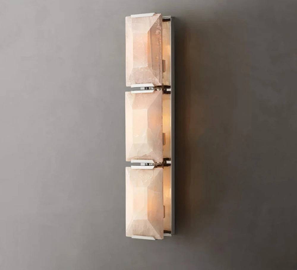 Calcite Crystal Wall Sconce with stainless steel and crystal, modern style, warm and cool light options.