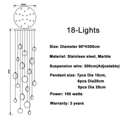 Snowflake Plaster Chandelier with 18 lights, stainless steel, and marble design featuring adjustable 300cm suspension wire.