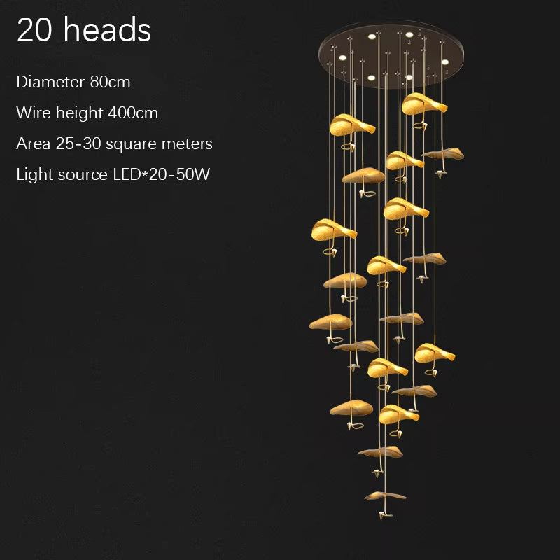 Modern copper gold lotus chandelier with 20 LED lights, adjustable hanging wire, and ironware body design