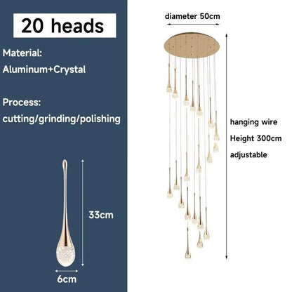 Modern long water drop chandelier with 20 LED crystal lights, adjustable 300cm gold hanging wires, aluminum and crystal materials.